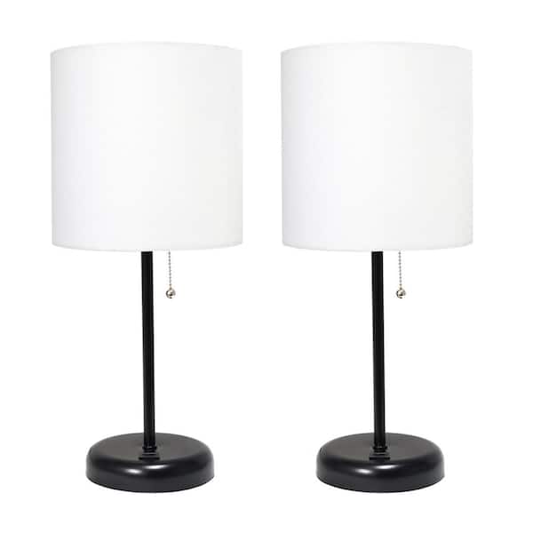 Simple Designs 19.5 in. Black Stick Lamp with USB Charging Port and Fabric Shade, White (2-Pack Set)