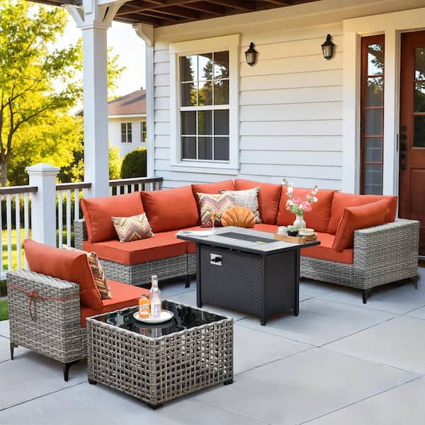 HOOOWOOO Holston 8-Piece Wicker Modern Outdoor Patio Conversation Sofa Sectional Set with a Metal Fire Pit and Red Cushions