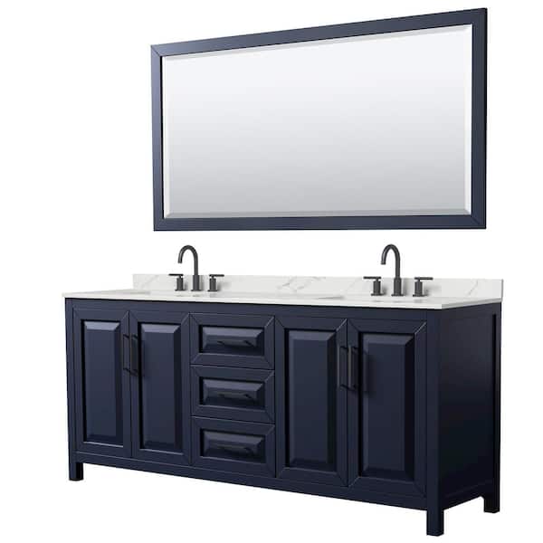 Daria 80 in. W x 22 in. D x 35.75 in. H Double Bath Vanity in Dark Blue with Giotto Quartz Top and 70 in. Mirror