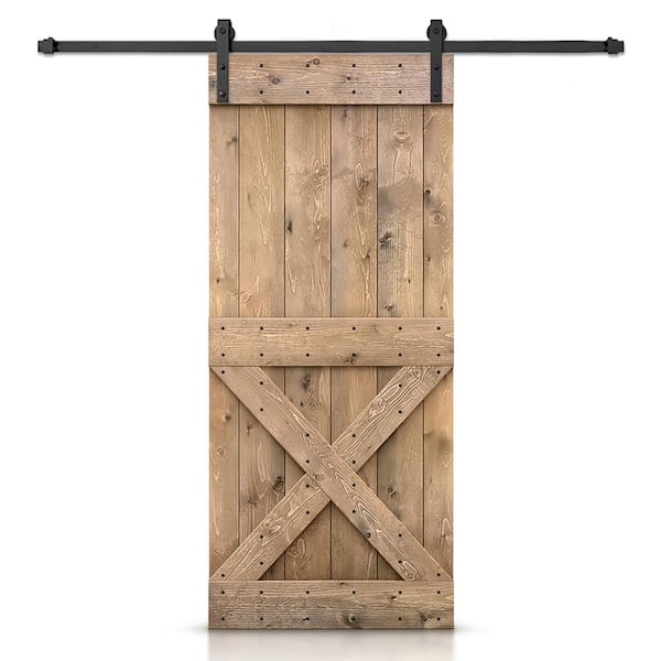 CALHOME Mini X 26 in. x 84 in. Light Brown Stained DIY Wood Interior Sliding Barn Door with Hardware Kit