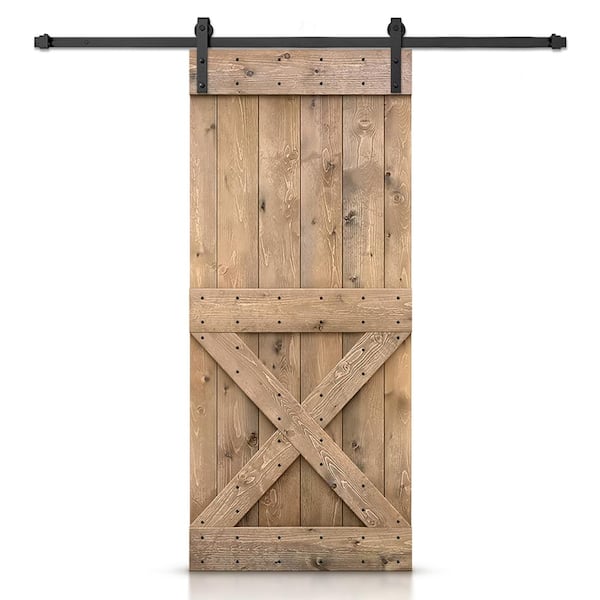 CALHOME Mini X 44 in. x 84 in. Light Brown Stained DIY Wood Interior Sliding Barn Door with Hardware Kit