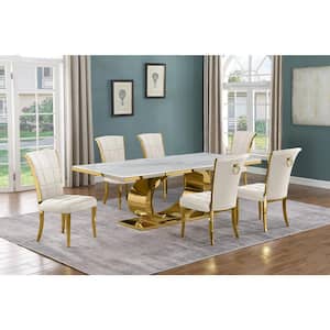 Ibraim 7-Piece Rectangle White Marble Top Gold Stainless Steel Dining Set with 6 Cream Velvet Gold Iron Leg Chairs