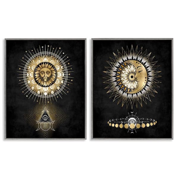 Stupell Industries Astral Eye and Moon Phases by Oliver Jeffries 2 Pieces Gray Framed Culture Giclee Art Print 14 in. x 11 in.