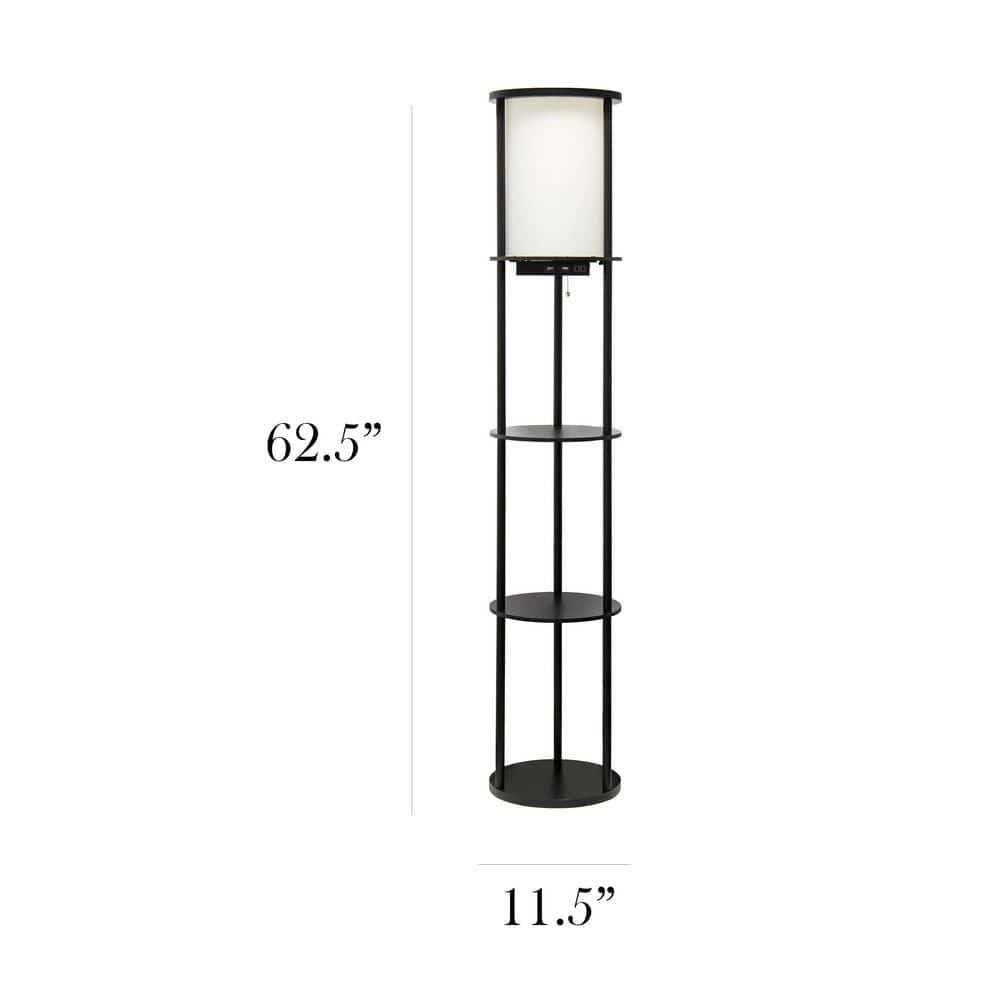 Elegant 62.5" Black Etagere Floor Lamp with USB Ports and Linen Shade
