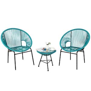 Turquoise 3-Piece Metal Patio Conversation Furniture Bistro Set with Glass Table