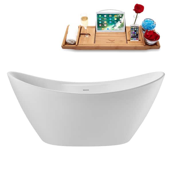Streamline 68 in. x 28 in. Acrylic Freestanding Soaking Bathtub in Glossy White with Matte Oil Rubbed Bronze Drain, Bamboo Tray