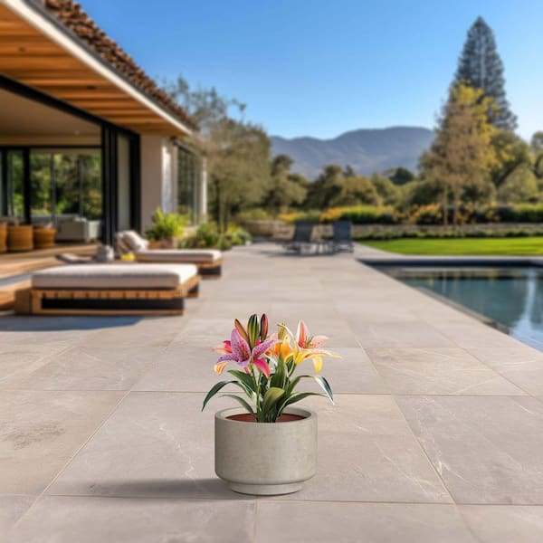 13 in. Medium Light Gray (Enhanced Interior) Concrete Round Planter / Pot with Drainage Holes