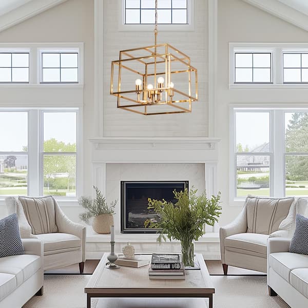 Hartford 4-Light 18 in. Brass Farmhouse Lantern Dimmable Chandeliers Living Dining Foyer Lighting