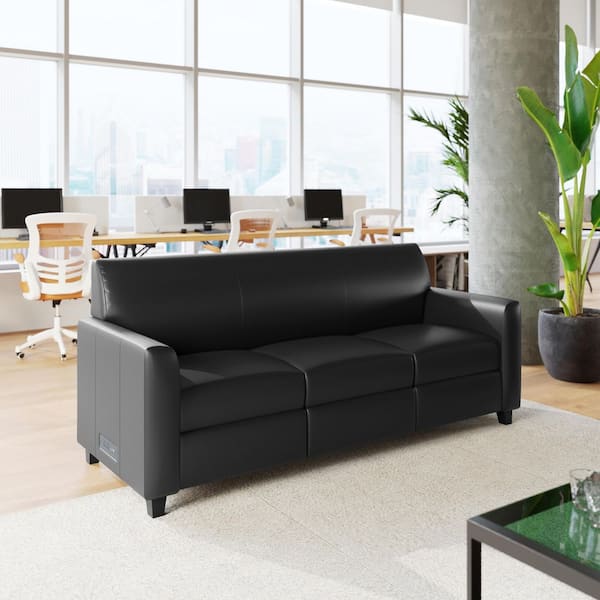 Agent 70.25 in. Flared Arm Faux Leather Rectangle Reception Sofa in. Black w/ Charging Banks, Outlets, USB/USB-C Ports