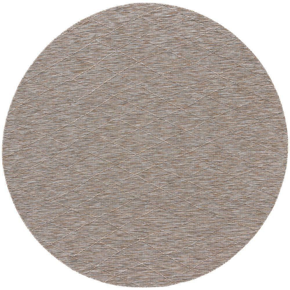 Grey Mocha Round Geometric Synthetic Washable Area Rug