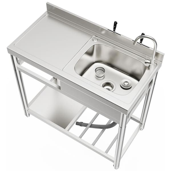 Free Standing Stainless-Steel Single Bowl Commercial Restaurant Kitchen  Sink Set w/Faucet & Drainboard, Prep & Utility Washing Hand Basin  w/Workbench