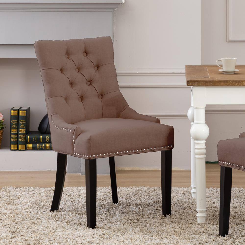 Brown Linen Upholstered Tufted Side Chair with Wood Legs