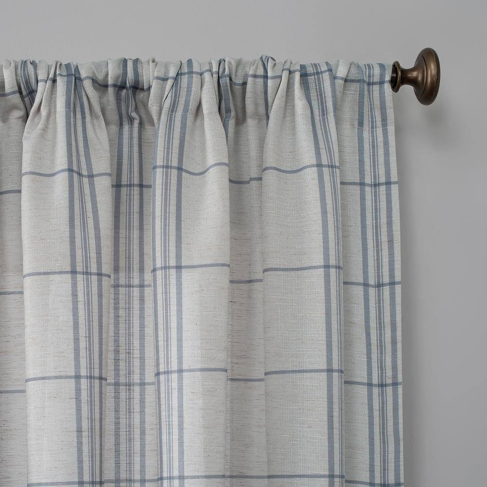 Blue Plaid Linen Blend Light-Filtering Rod Pocket Curtain Panel 54" x 84"