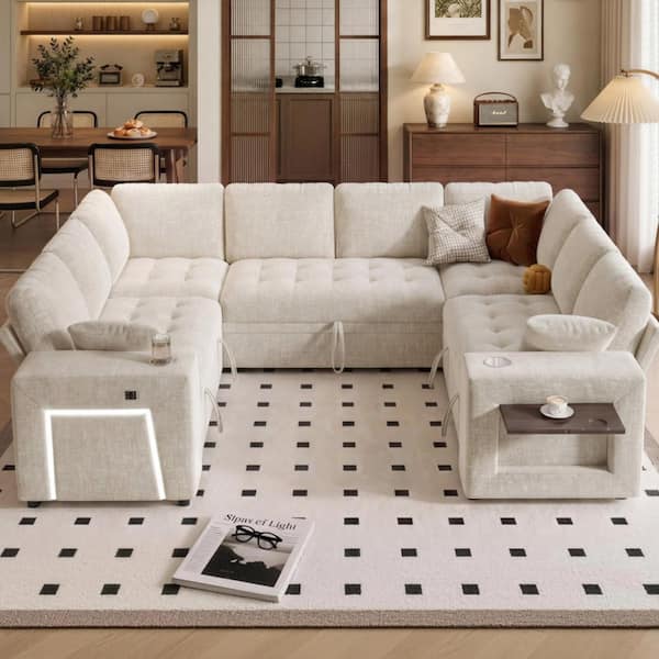 110" 8-Seat U Chenille Sleeper Sectional,Pull Out Bed, Storage Loveseat, USB, Cup Holders, Side Tbl, Tool-Free Assembly