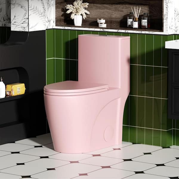 Dual Flush 0.88/1.2 GPF Elongated Standard 1 Piece Toilet in Glossy White with Soft Closing Seat Side Holes