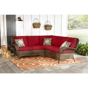Beacon Park 3-Piece Brown Wicker Outdoor Patio Sectional Sofa with CushionGuard Chili Red Cushions