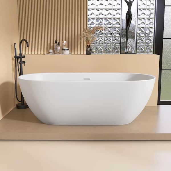 Lux 63 in. x31.5 in. Solid Surface Stone Resin Freestanding Soaking Bathtub with Center Drain Stand Alone in Matte White