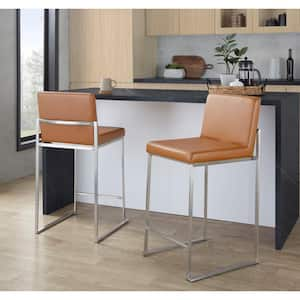 Fuji 26 in. Camel Faux Leather and Stainless Steel Metal Fixed-Height Counter Stool (Set of 2)