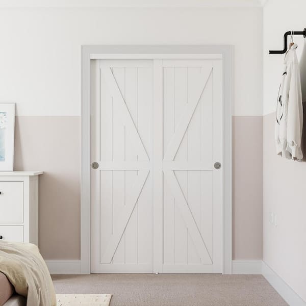 72 in. x 78.58 in. K-Shape Solid Core White Finished MDF Closet Sliding Door with Hardware Kit