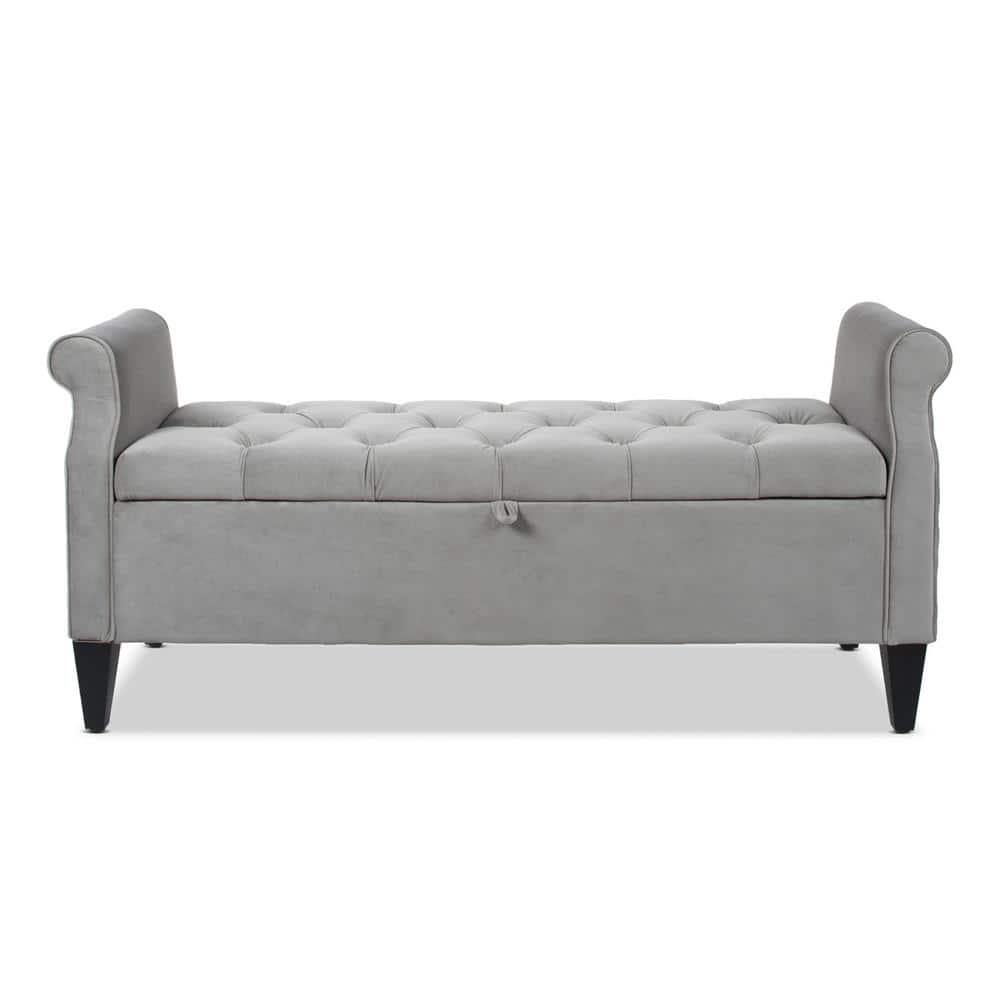 Jacqueline Opal Grey Velvet Tufted Roll Arm Storage Bench