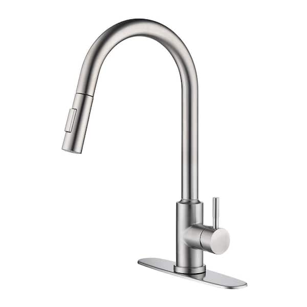 WELLFOR Single Handle Gooseneck Pull Down Sprayer Kitchen Faucet with Deckplate Included Easy Clean Nozzles in Brushed Nickel
