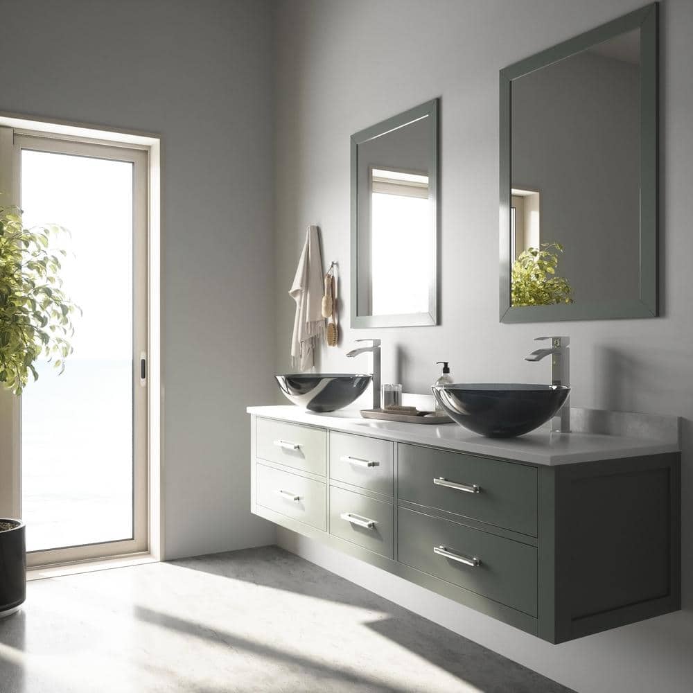 Sheer Black Glass Above-Counter Round Vessel Sink with Chrome Faucet