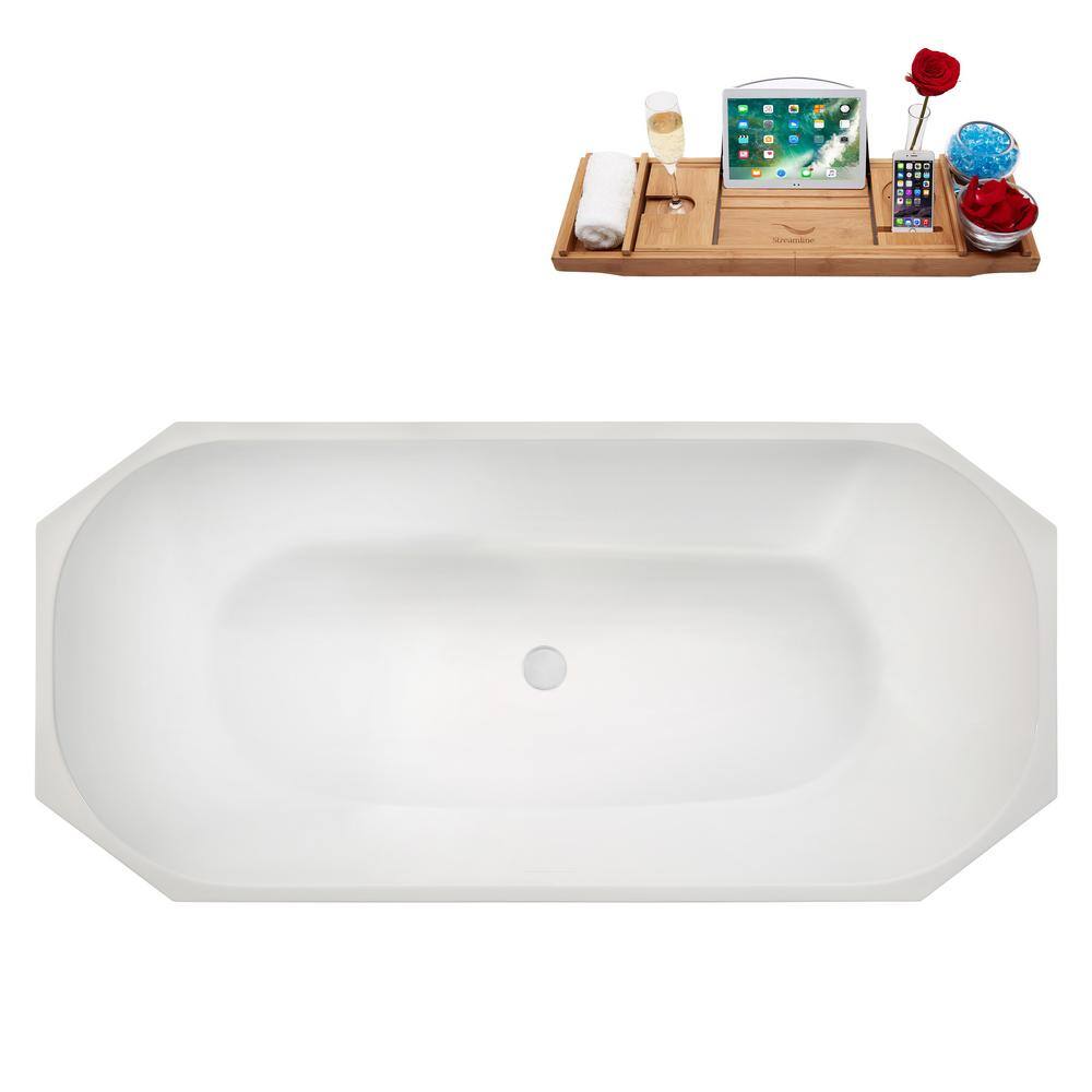 63" Glossy White Acrylic Freestanding Double Slipper Bathtub with Bamboo Tray