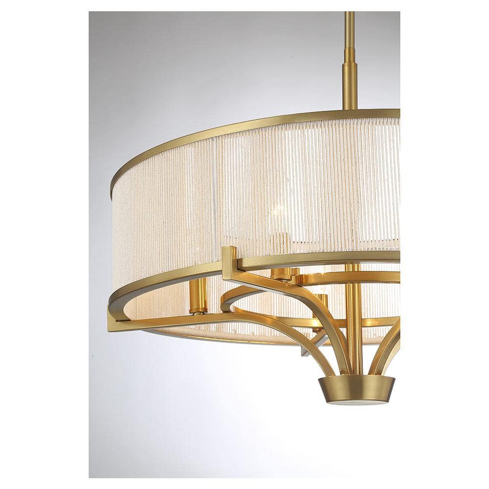 Warm Brass 5-Light Chandelier with White String Drum Shade