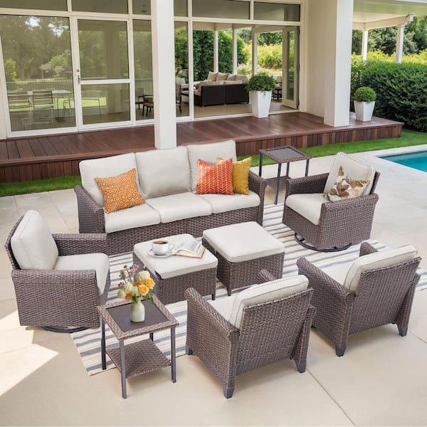 Buenaola Nyajiah 9-Piece Wicker Patio Conversation Set with Beige Cushions
