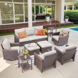 Nyajiah 9-Piece Wicker Patio Conversation Set with Beige Cushions