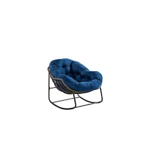 Metal Rattan Outdoor Rocking Chair, Padded Cushion Rocker Recliner Chair, with Navy Blue Cushion, for Porch, Patio