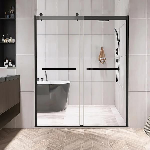 Satico 60 in. W x 74 in. H Double Sliding Frameless Shower Door in Black with Clear Glass