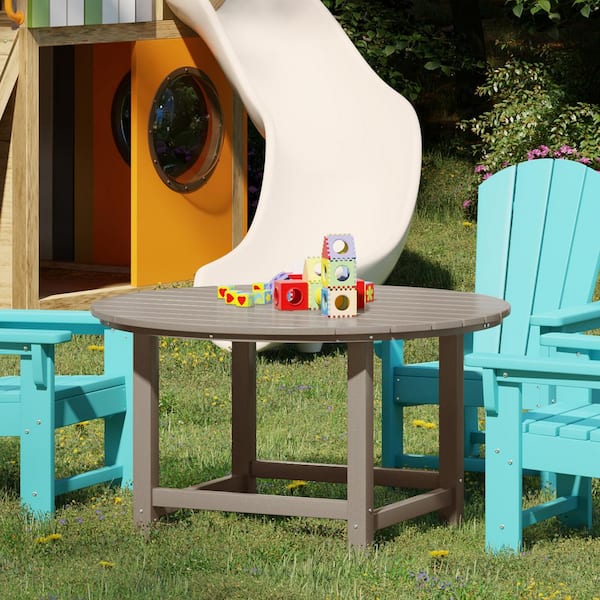 Children's Laguna Weathered Wood Outdoor Patio All Weather Fade Resistant Kids Plastic 38 in. Round Picnic Dining Table