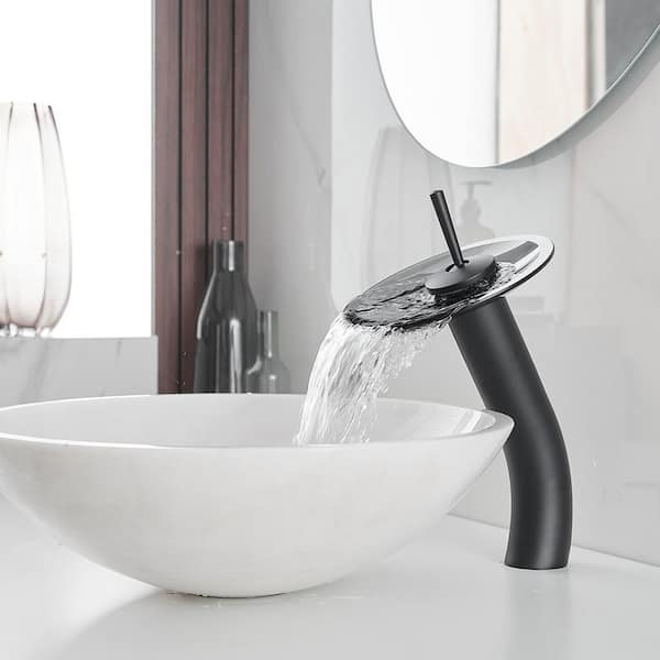 Waterfall Tall Spout Single Hole Single Handle Vessel Sink Faucet Vanity in Matte Black