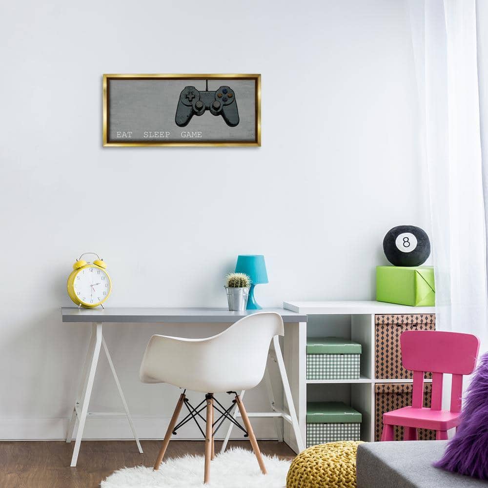 Eat Sleep Game Hobby by Kim Allen Gold Floater Frame Typography Graphic Art Print 11 in. x 25 in.