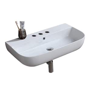 Glam Wall Mounted Vessel Bathroom Sink in White with 3 Faucet Holes
