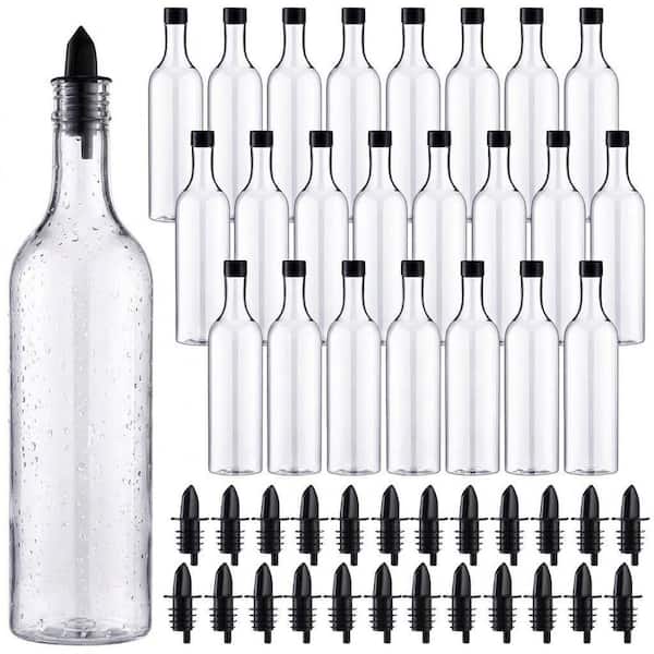 24-Pack 25 oz Clear Long Neck Plastic Bottles with Black Pourers and Twist Caps for Liquor Juice Storage