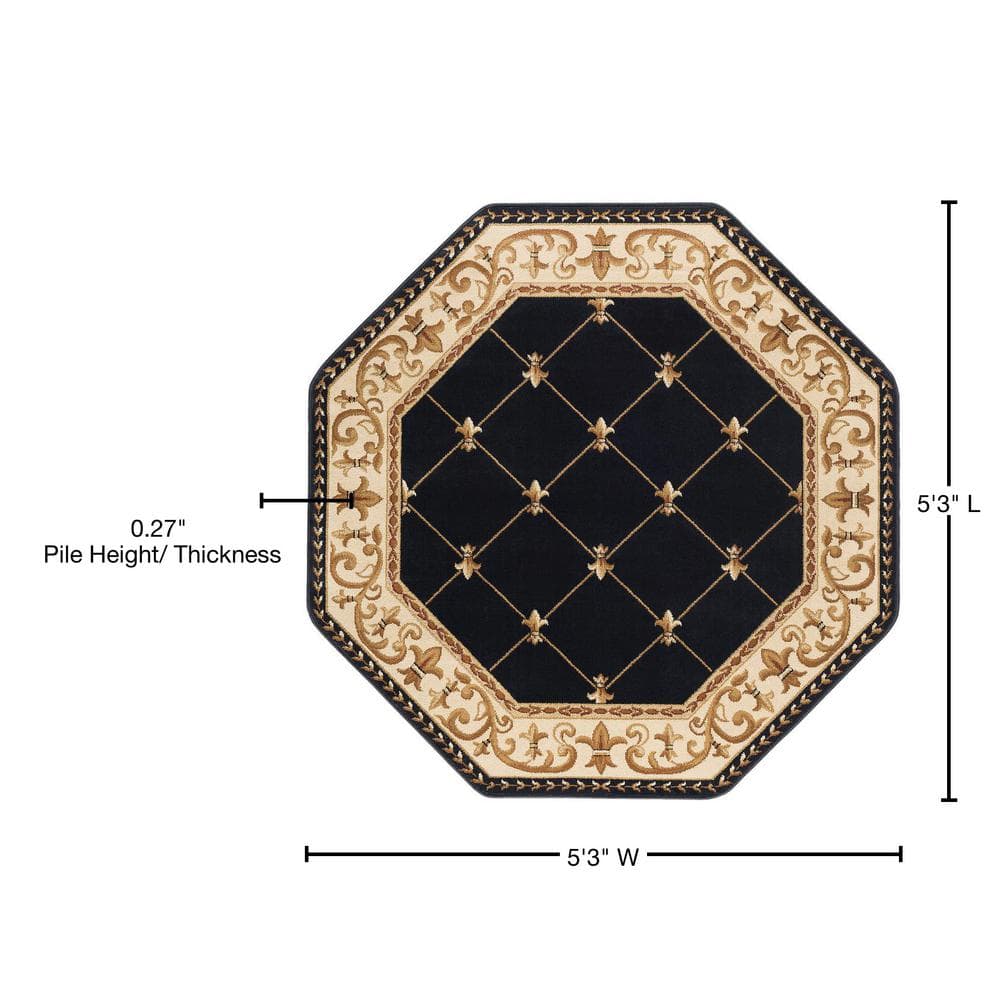 Sensation Traditional Black Swirl 5'3" Octagon Synthetic Rug