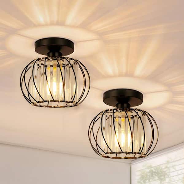 7 in. 2-Piece 1-Light Modern Black Semi Flush Mount Ceiling Light for Foyer Closet Entryway Kitchen Bedroom Dining Room