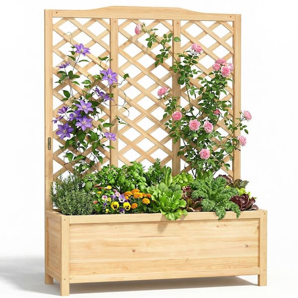 44 in. L x 16 in. W x 59 in. H Freestanding Raised Garden Bed with Trellis Outdoor Wooden Privacy Screen w/ Planter Box