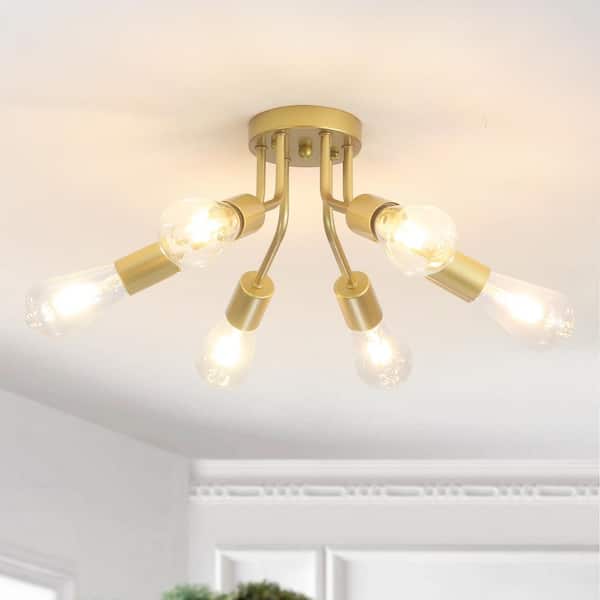 14.76 in. 6-Light Painted Gold Modern Sputnik Linear Semi-Flush Mount Ceiling Light Chandeliers for Bedrooms