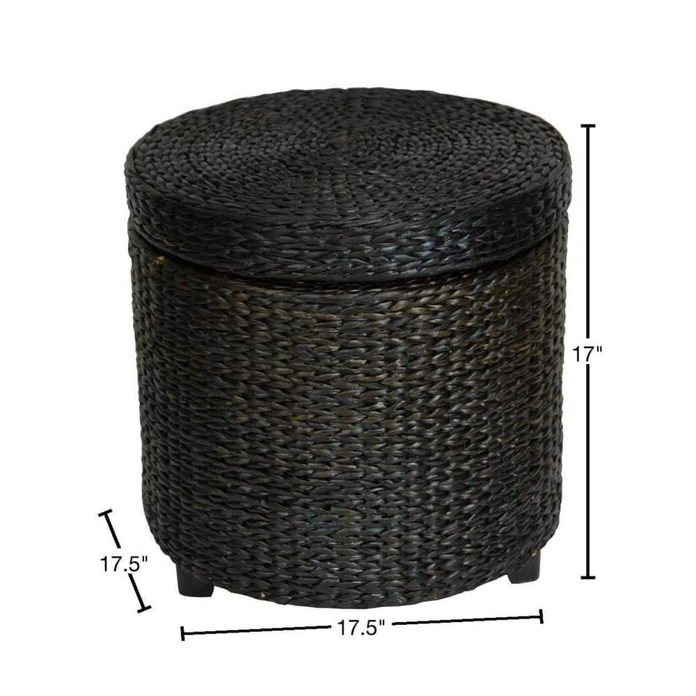 Round Black Rush Grass Storage Ottoman with Wood Frame