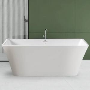 59 in. Acrylic Flatbottom Freestanding Bathtub Elegant Rectangular Shape Soaking Bathtub in White