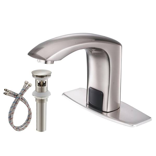 Lukvuzo Battery Powered Commercial Touchless Single Hole Bathroom Faucet with Deckplate Included in Brushed Nickel