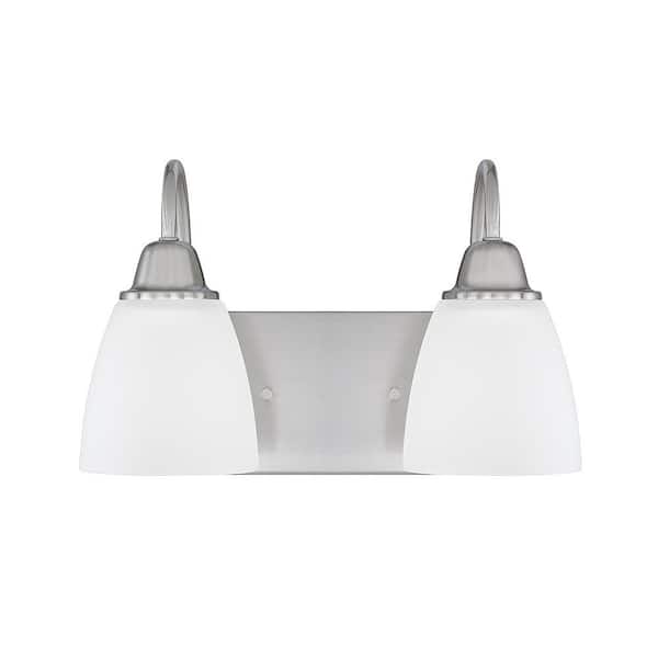 13 in. W x 8.5 in. H x 8 in. E 2-Light Vanity Light in Brushed Nickel Acid Washed Glass