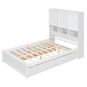 White Wood Frame Full Size Platform Bed with Storage Headboard and Drawer