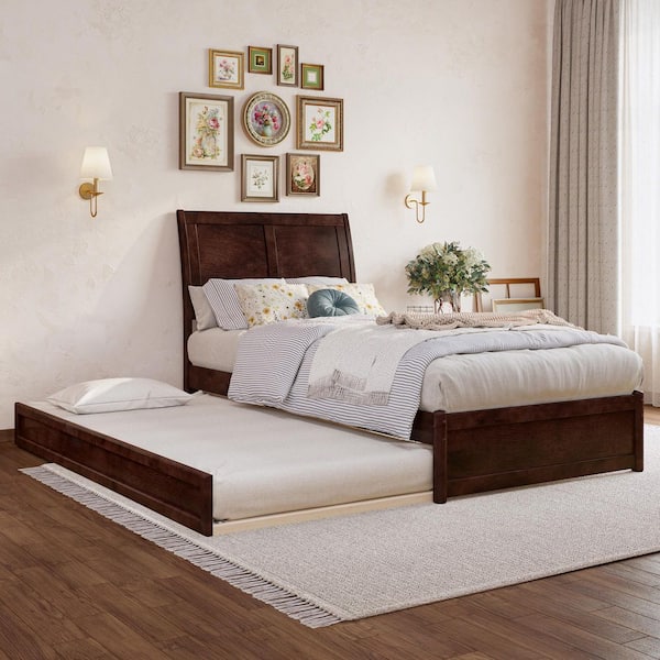 AFI Andorra Walnut Brown Solid Wood Frame Twin XL Platform Bed with Panel Footboard and Twin XL Trundle