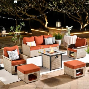 Hera 6-Piece Beige Wicker Outdoor Patio Fire Pit Seating Sofa Set with Orange Red Cushions