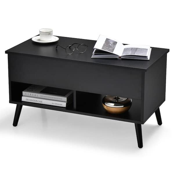ANGELES HOME 31.5 in. Black Rectangular Wood Lift-Top Coffee Table with Hidden Storage and 2 Open Shelves
