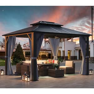 12 ft. x 10 ft. Outdoor Black Aluminum Hardtop Gazebo with Double Roof, Privacy Curtain and Mosquito Net